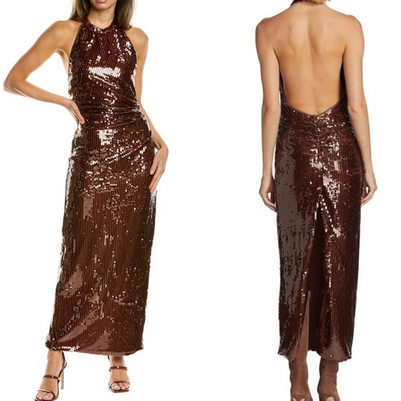 RONNY KOBO Alix Sequined Halter Gown Brown - Picture 5 of 16